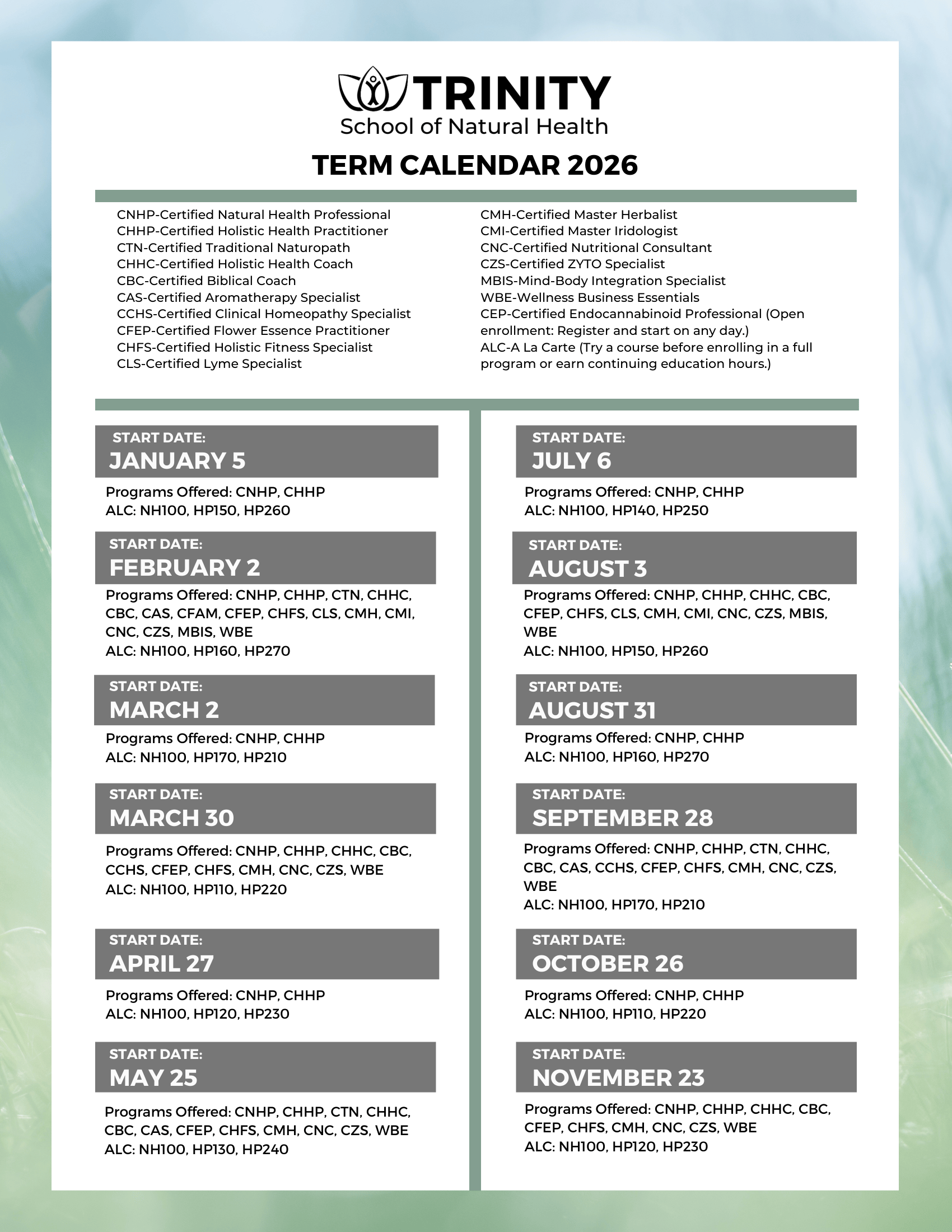 2026 Term Start Calendar